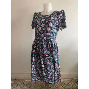 Women's LuLaRoe Floral Dress‎ - Size L - Blue/Green Cabbage Floral EUC